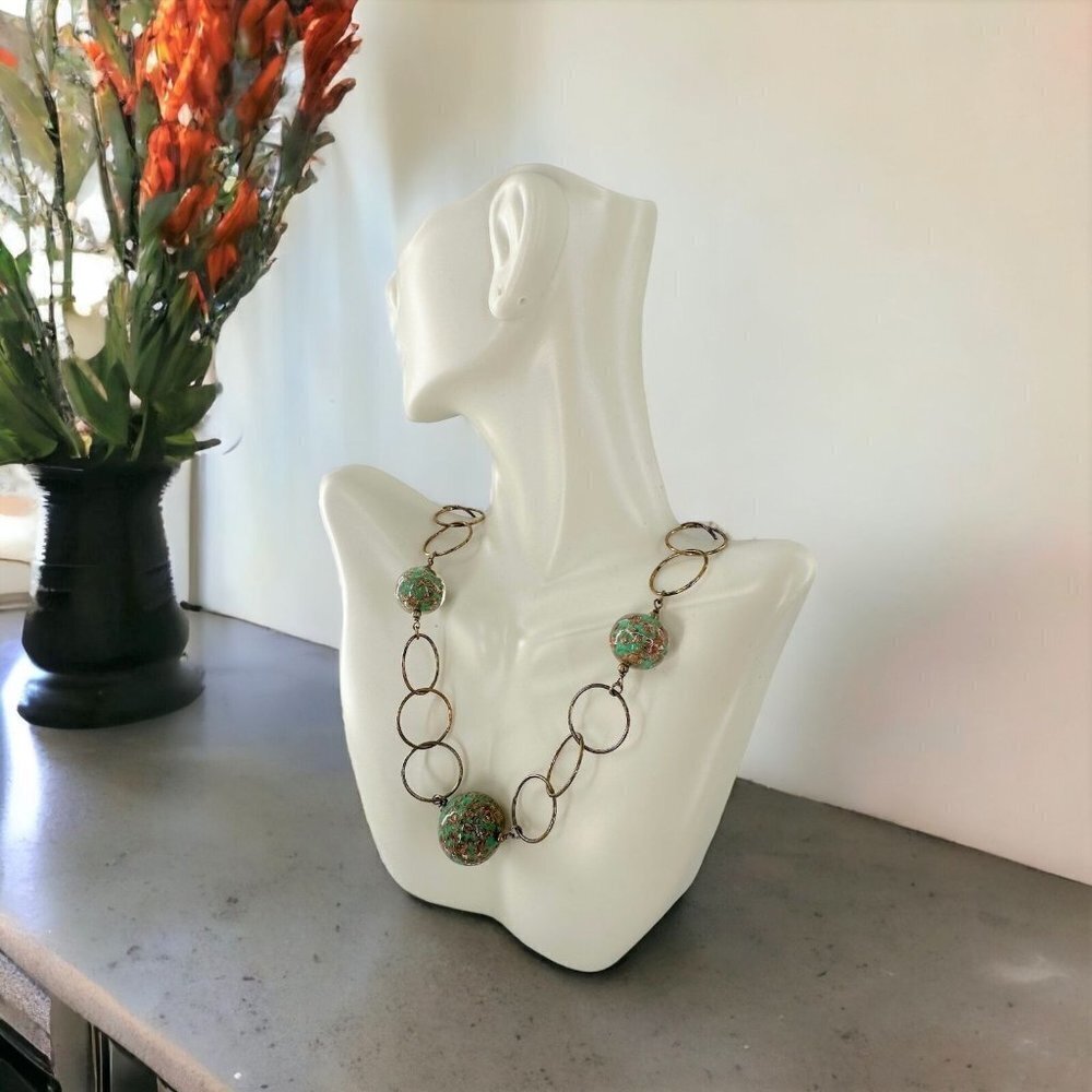 Venetiaurum Venetian Gold Specks Green Murano Glass Bead 24K Plate Link Necklace